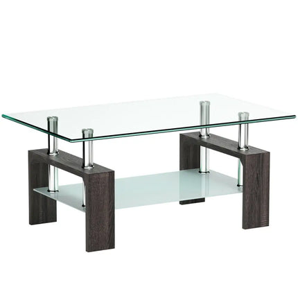 Rectangular Tempered Glass Coffee Table with Shelf-Black - Black - Coffee Tables