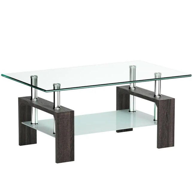 Rectangular Tempered Glass Coffee Table with Shelf-Black - Black - Coffee Tables