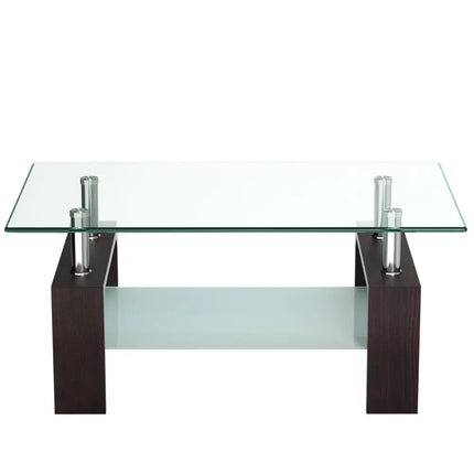 Rectangular Tempered Glass Coffee Table with Shelf-Brown - Brown - Coffee Tables