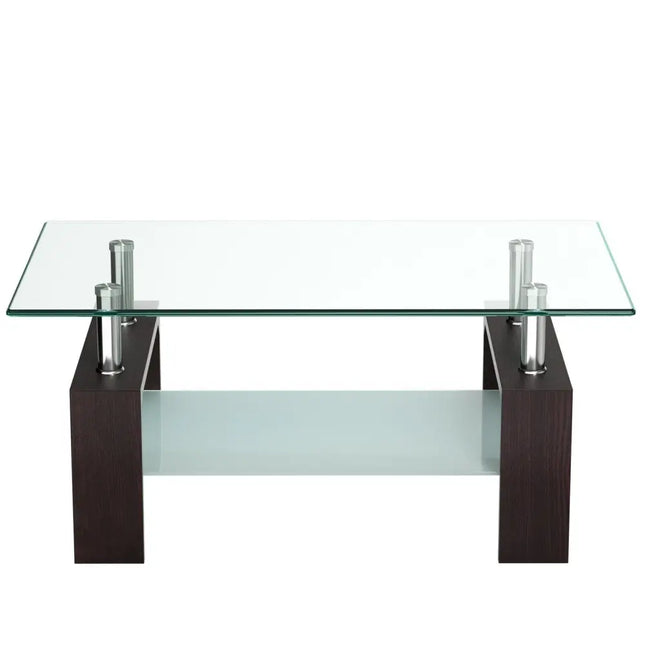 Rectangular Tempered Glass Coffee Table with Shelf-Brown - Brown - Coffee Tables