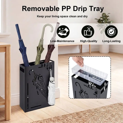 Rectangular Umbrella Holder Rack with Removable Drip Tray-Black - Black - Shoe Racks & Storage Benches