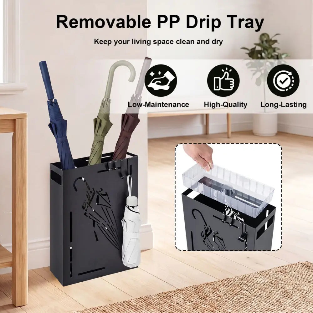 Rectangular Umbrella Holder Rack with Removable Drip Tray-Black - Black - Shoe Racks & Storage Benches
