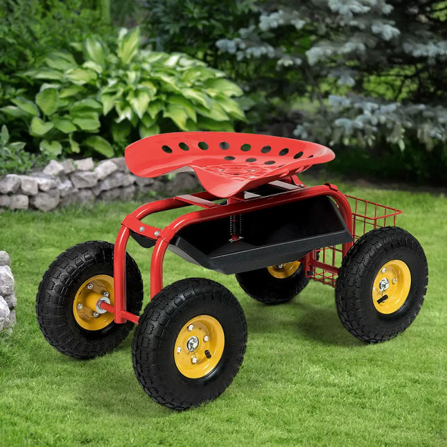 Red/Green Garden Cart Rolling Work Seat With Heavy Duty Tool Tray Gardening Planting-Red - Red - Garden Carts
