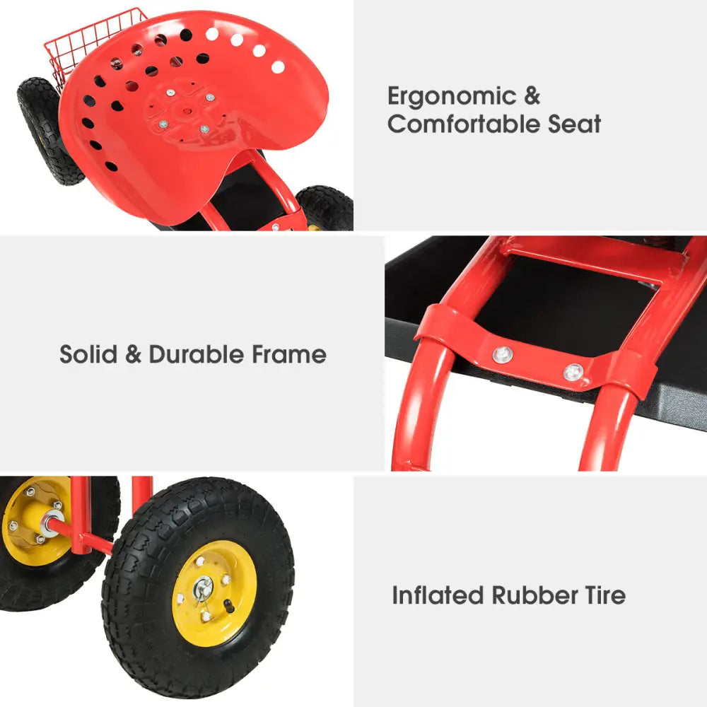 Red/Green Garden Cart Rolling Work Seat With Heavy Duty Tool Tray Gardening Planting-Red - Red - Garden Carts
