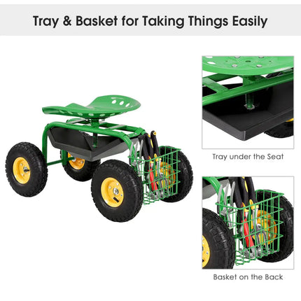 Red/Green Garden Cart Rolling Work Seat With Heavy Duty Tool Tray Gardening Planting-Green - Green - Garden Carts