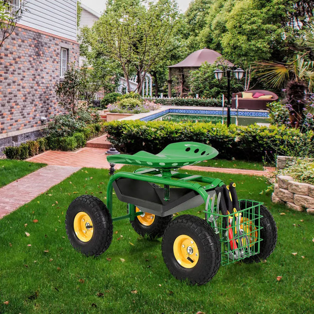 Red/Green Garden Cart Rolling Work Seat With Heavy Duty Tool Tray Gardening Planting-Green - Green - Garden Carts