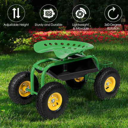 Red/Green Garden Cart Rolling Work Seat With Heavy Duty Tool Tray Gardening Planting-Green - Green - Garden Carts