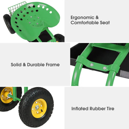 Red/Green Garden Cart Rolling Work Seat With Heavy Duty Tool Tray Gardening Planting-Green - Green - Garden Carts