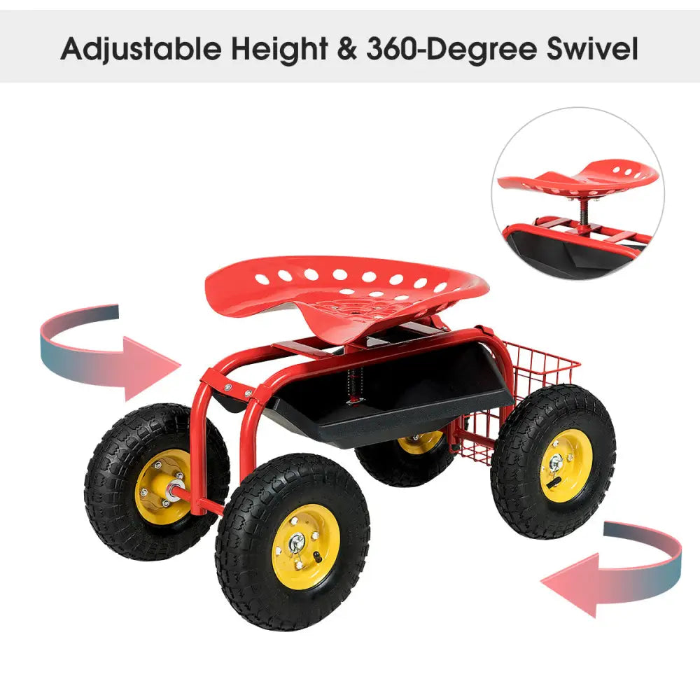 Red/Green Garden Cart Rolling Work Seat With Heavy Duty Tool Tray Gardening Planting-Red - Red - Garden Carts