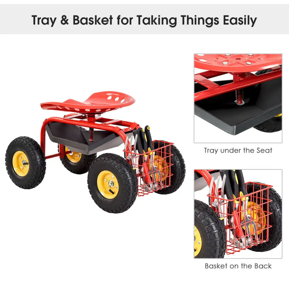 Red/Green Garden Cart Rolling Work Seat With Heavy Duty Tool Tray Gardening Planting-Red - Red - Garden Carts