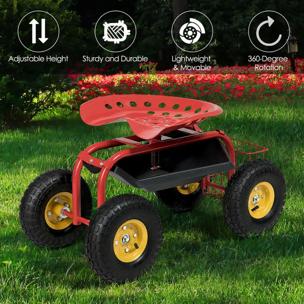Red/Green Garden Cart Rolling Work Seat With Heavy Duty Tool Tray Gardening Planting-Red - Red - Garden Carts