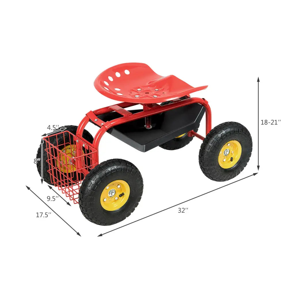Red/Green Garden Cart Rolling Work Seat With Heavy Duty Tool Tray Gardening Planting-Red - Red - Garden Carts