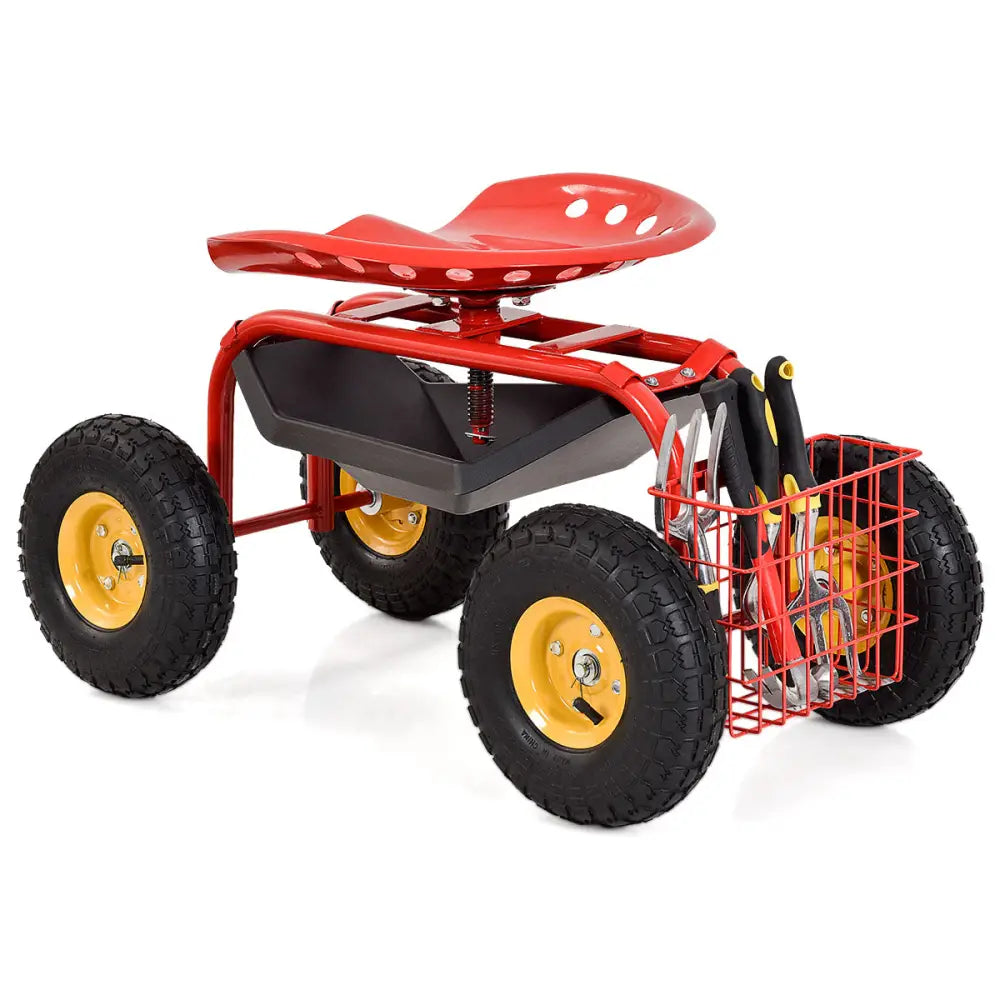 Red/Green Garden Cart Rolling Work Seat With Heavy Duty Tool Tray Gardening Planting-Red - Red - Garden Carts