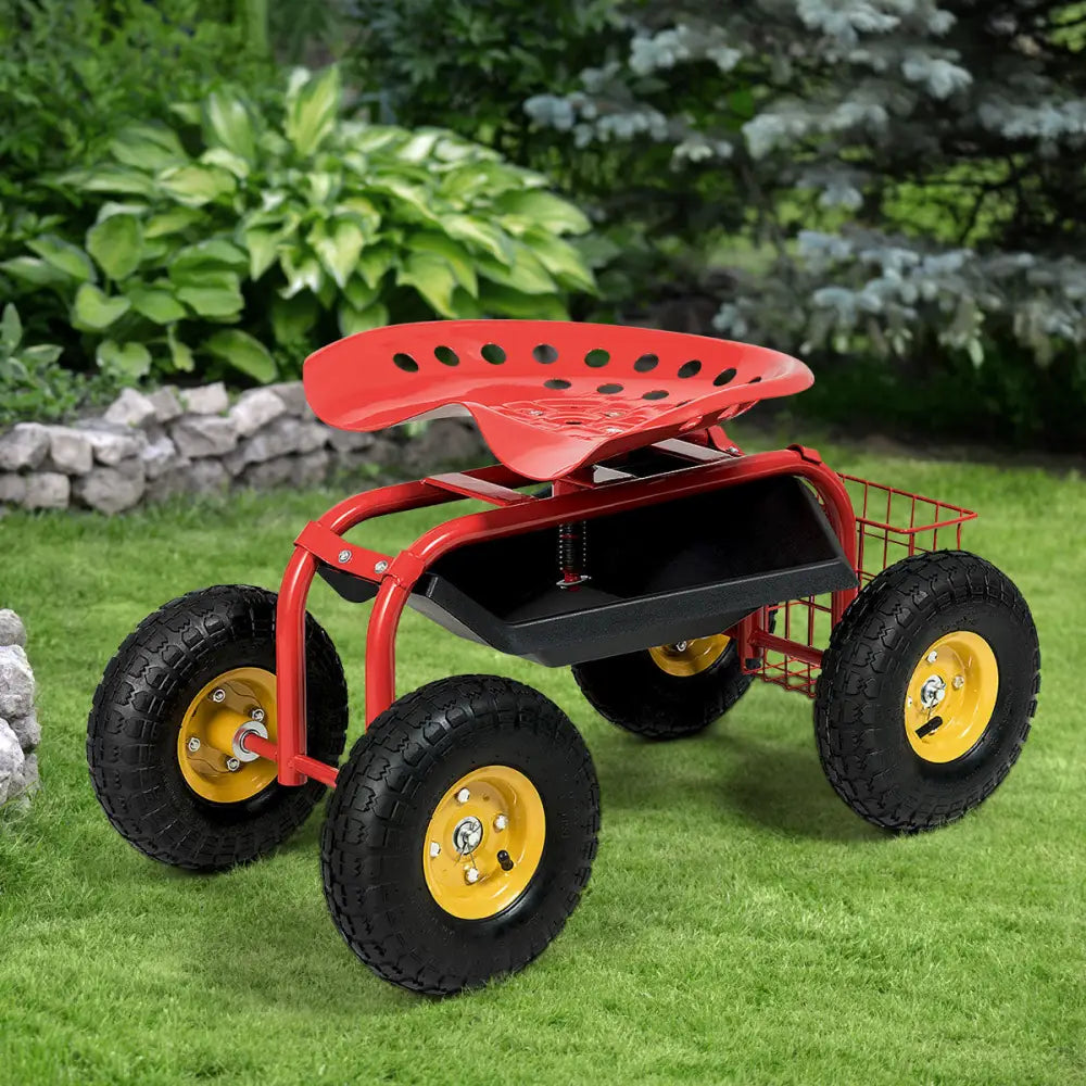 Red/Green Garden Cart Rolling Work Seat With Heavy Duty Tool Tray Gardening Planting-Red - Red - Garden Carts
