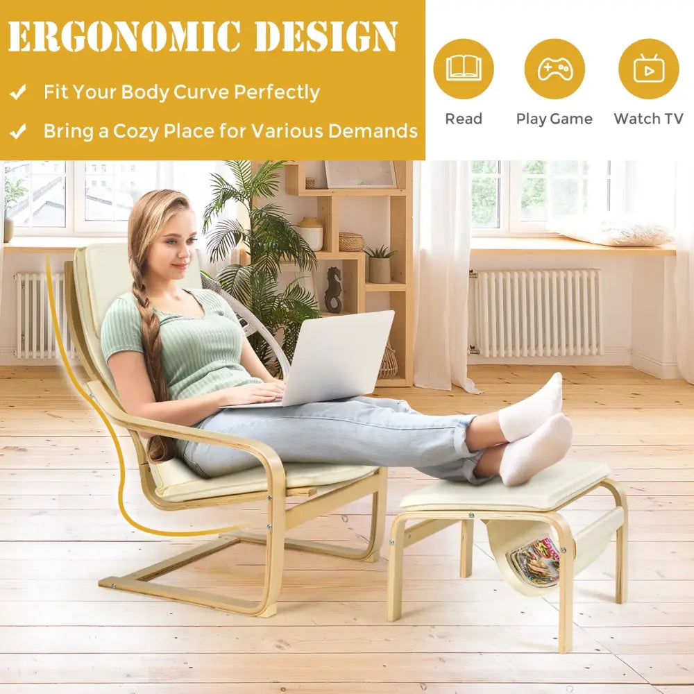 Relax Bentwood Lounge Chair Set with Magazine Rack-White - White - Accent Chairs