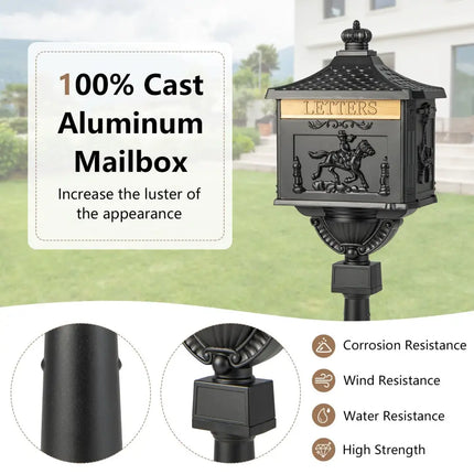 Retro Cast Aluminum Mailbox Security Postal Letter Box with Baffle Door-Black - Black - Outdoor Decor