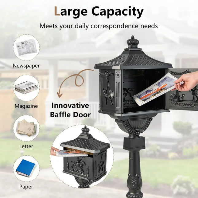 Retro Cast Aluminum Mailbox Security Postal Letter Box with Baffle Door-Black - Black - Outdoor Decor