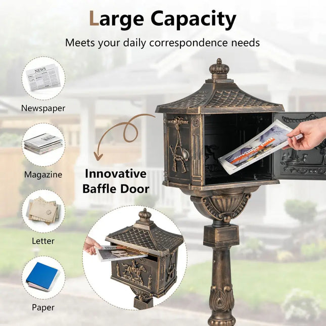 Retro Cast Aluminum Mailbox Security Postal Letter Box with Baffle Door-Bronze - Bronze - Outdoor Decor