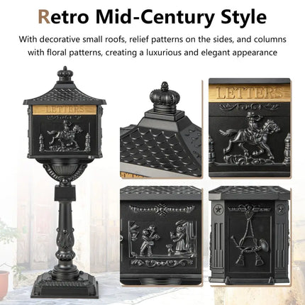 Retro Cast Aluminum Mailbox Security Postal Letter Box with Baffle Door-Black - Black - Outdoor Decor