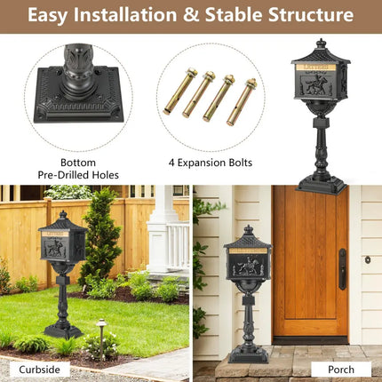 Retro Cast Aluminum Mailbox Security Postal Letter Box with Baffle Door-Black - Black - Outdoor Decor