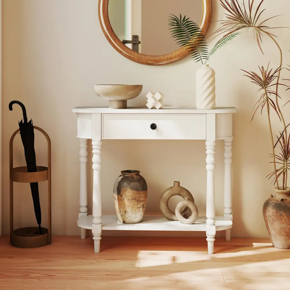 Retro Console Table 36’’L Wooden 2-Tier Narrow Behind Couch Foyer Table-White - White - Console Tables