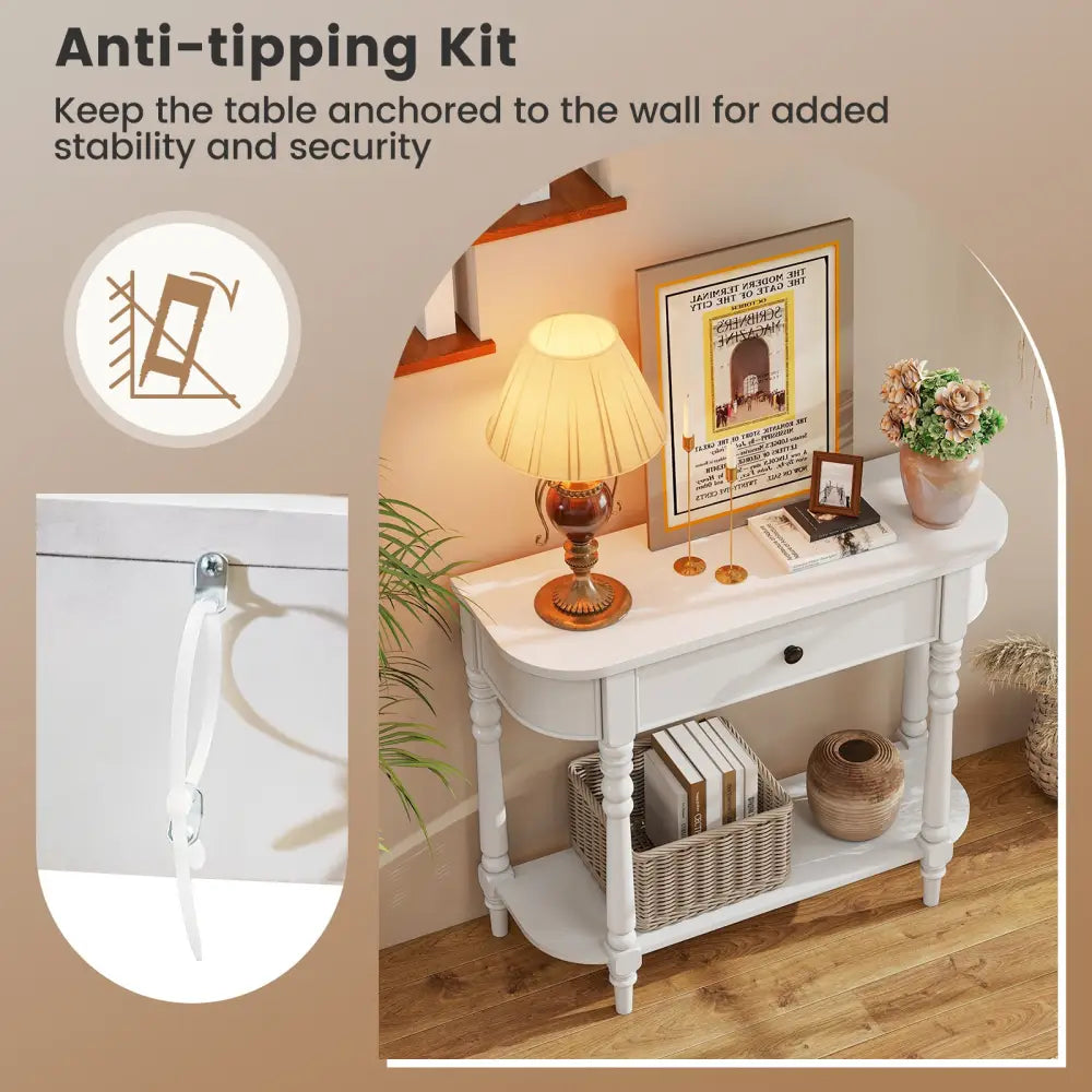 Retro Console Table 36’’L Wooden 2-Tier Narrow Behind Couch Foyer Table-White - White - Console Tables