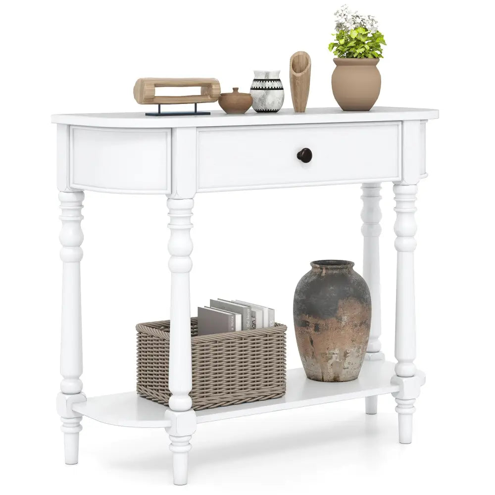 Retro Console Table 36’’L Wooden 2-Tier Narrow Behind Couch Foyer Table-White - White - Console Tables