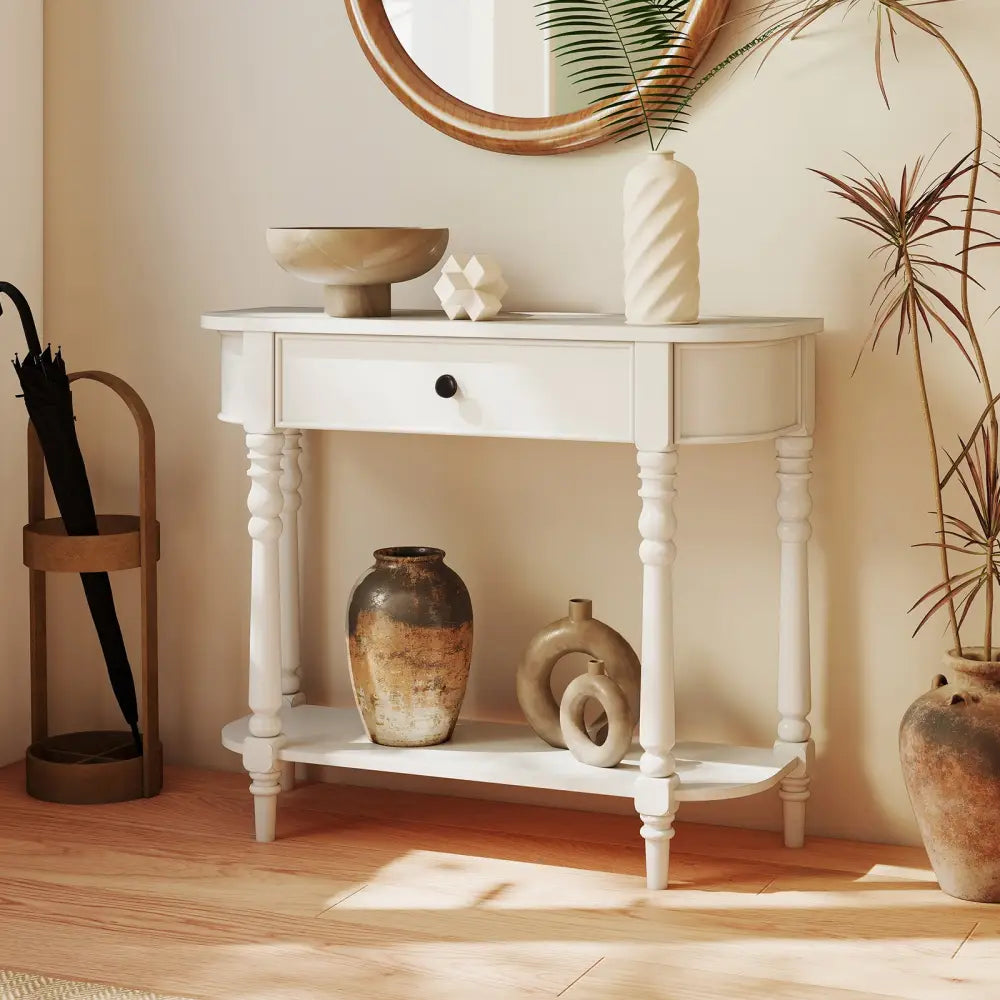 Retro Console Table 36’’L Wooden 2-Tier Narrow Behind Couch Foyer Table-White - White - Console Tables