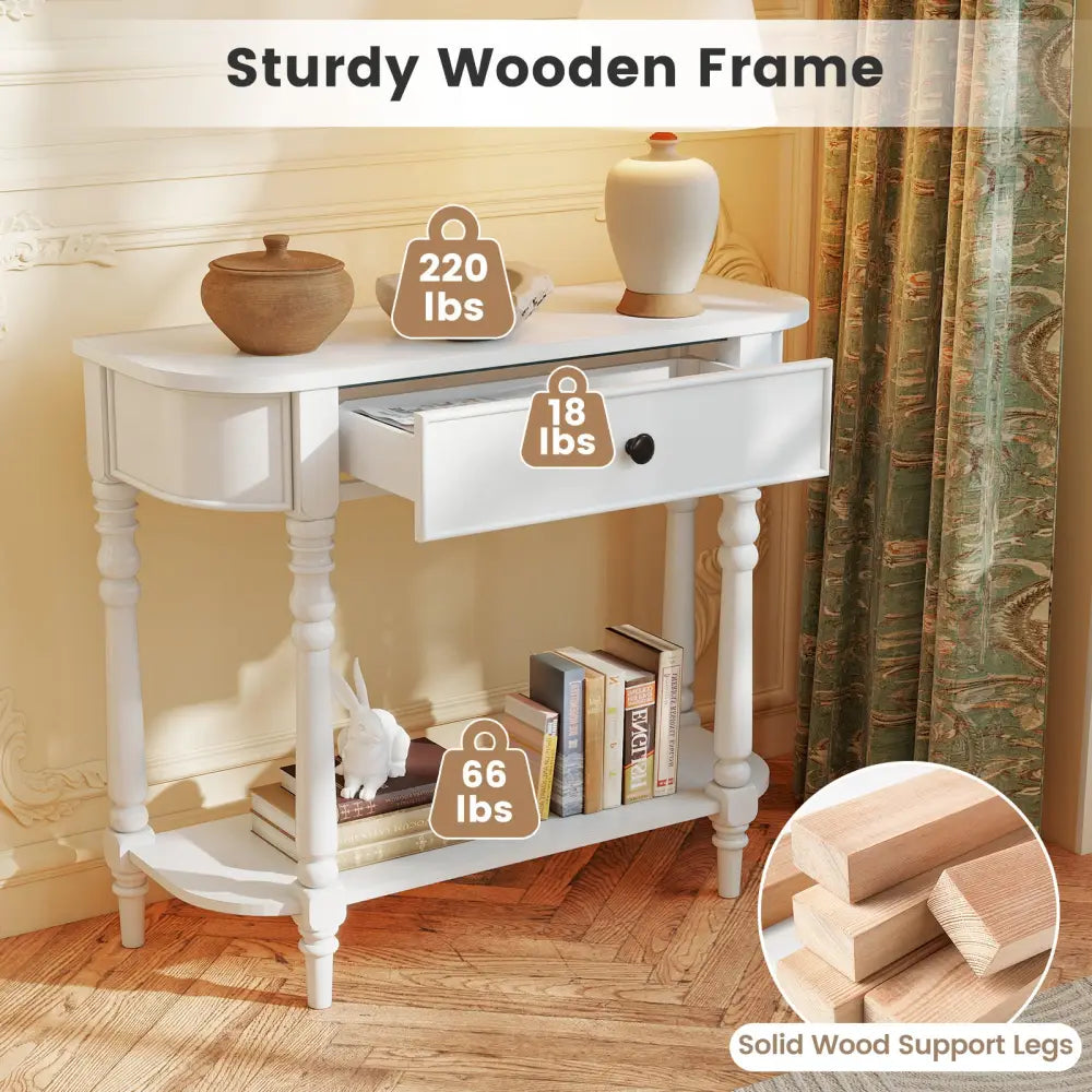 Retro Console Table 36’’L Wooden 2-Tier Narrow Behind Couch Foyer Table-White - White - Console Tables