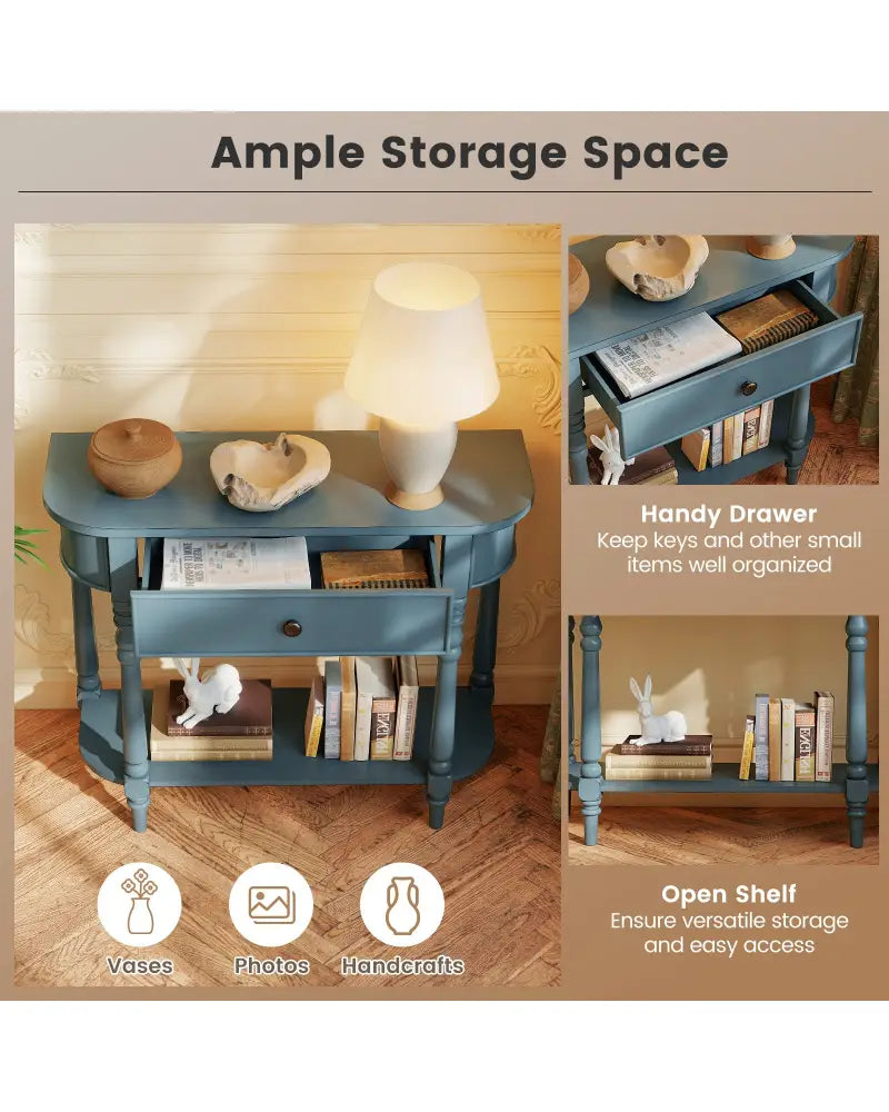 Retro Console Table36’’L Wooden 2-Tier Narrow Behind Couch Foyer Table-Blue - Blue - Console Tables