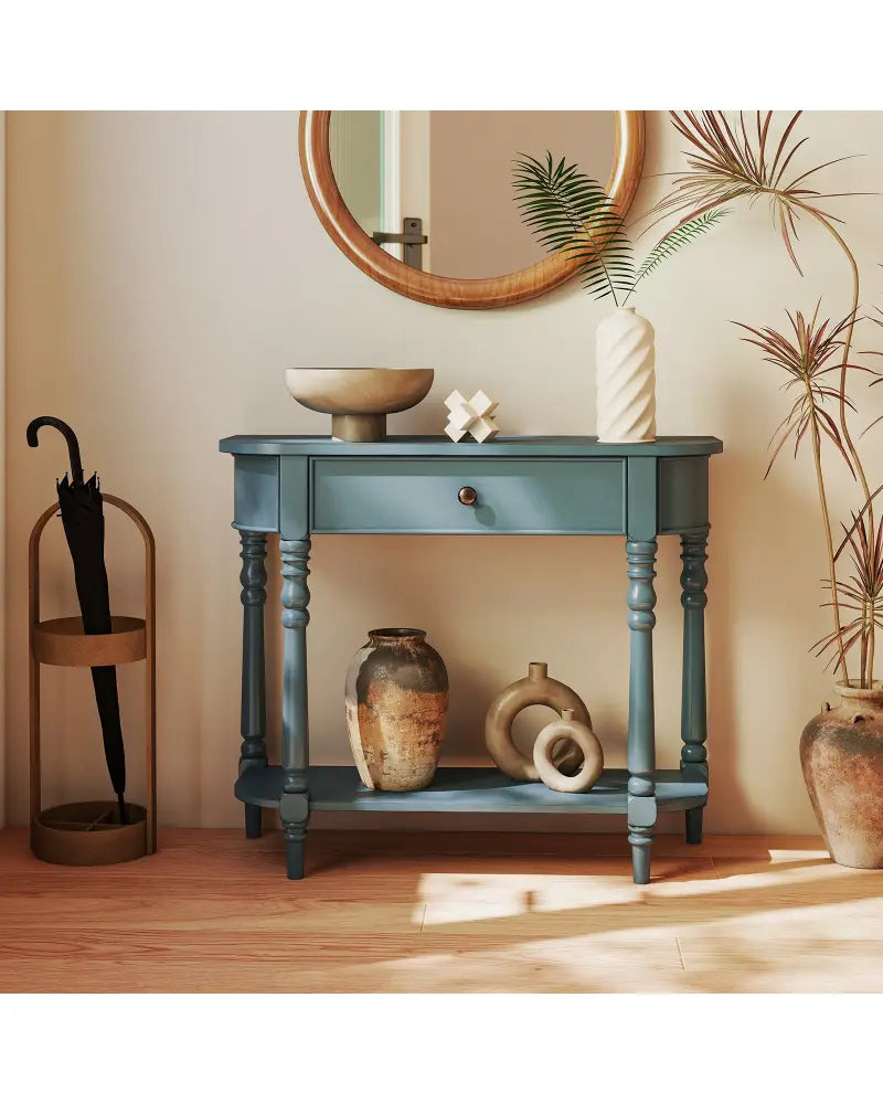 Retro Console Table36’’L Wooden 2-Tier Narrow Behind Couch Foyer Table-Blue - Blue - Console Tables
