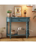 Retro Console Table36’’L Wooden 2-Tier Narrow Behind Couch Foyer Table-Blue - Blue - Console Tables