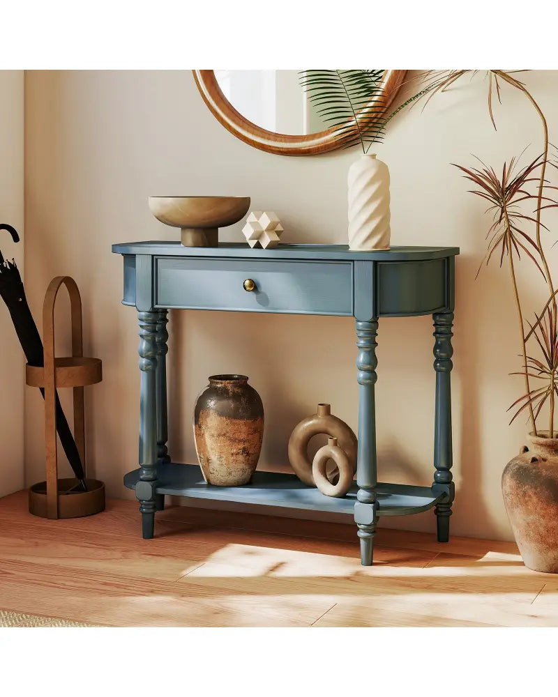 Retro Console Table36’’L Wooden 2-Tier Narrow Behind Couch Foyer Table-Blue - Blue - Console Tables