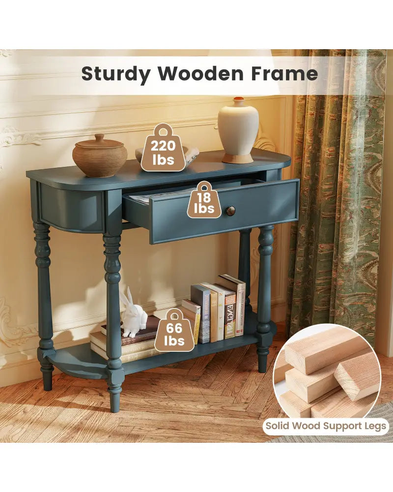 Retro Console Table36’’L Wooden 2-Tier Narrow Behind Couch Foyer Table-Blue - Blue - Console Tables