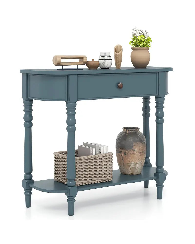 Retro Console Table36’’L Wooden 2-Tier Narrow Behind Couch Foyer Table-Blue - Blue - Console Tables