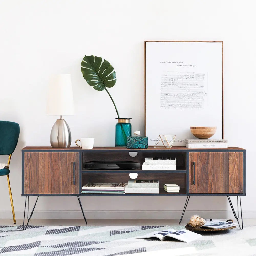 Retro Modern TV Stand with 6 Metal Legs for TVs up to 65 Inch with 2 Cable Holes - Walnut - Entertainment Centers & TV