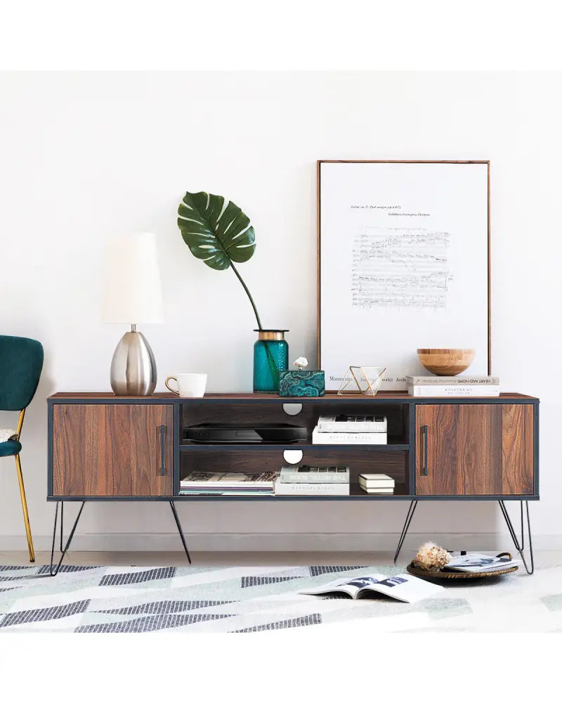 Retro Modern TV Stand with 6 Metal Legs for TVs up to 65 Inch with 2 Cable Holes - Walnut - Entertainment Centers & TV