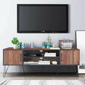 Retro Modern TV Stand with 6 Metal Legs for TVs up to 65 Inch with 2 Cable Holes - Walnut - Entertainment Centers & TV