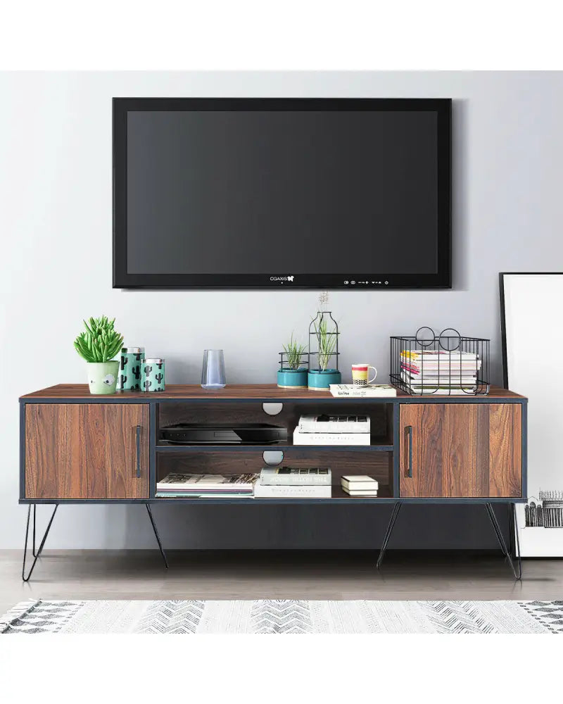 Retro Modern TV Stand with 6 Metal Legs for TVs up to 65 Inch with 2 Cable Holes - Walnut - Entertainment Centers & TV