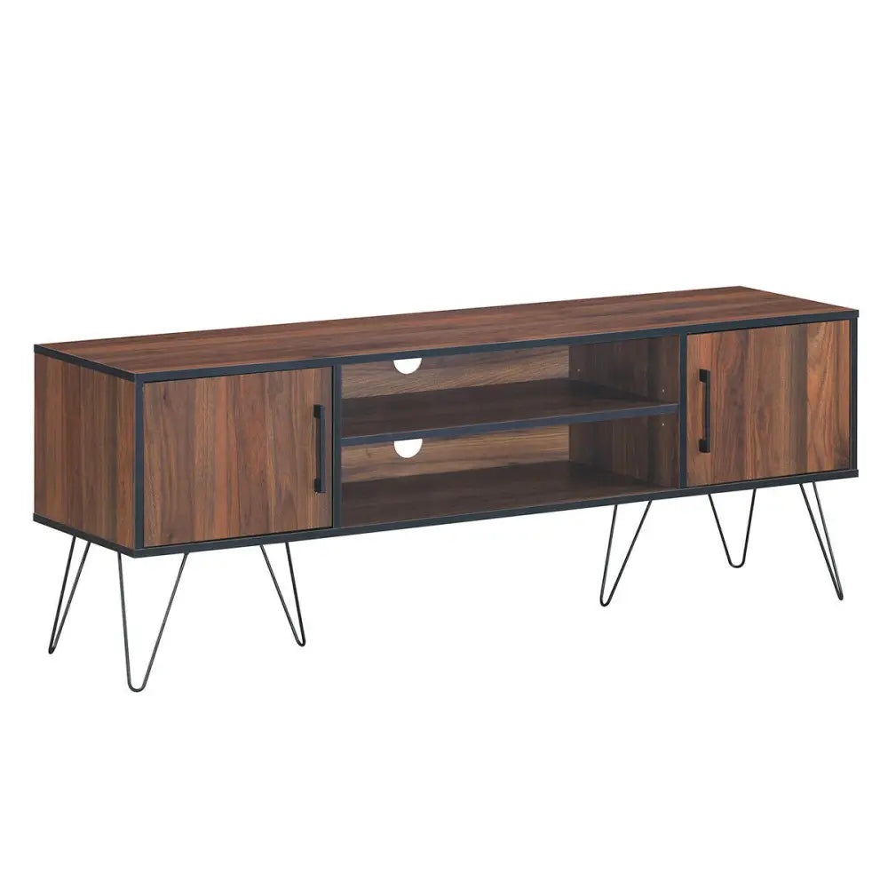Retro Modern TV Stand with 6 Metal Legs for TVs up to 65 Inch with 2 Cable Holes - Walnut - Entertainment Centers & TV