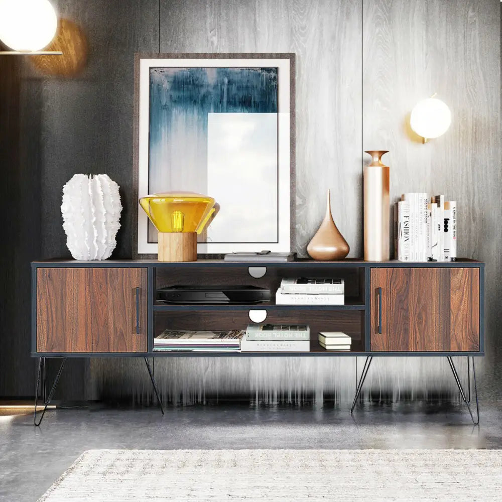 Retro Modern TV Stand with 6 Metal Legs for TVs up to 65 Inch with 2 Cable Holes - Walnut - Entertainment Centers & TV