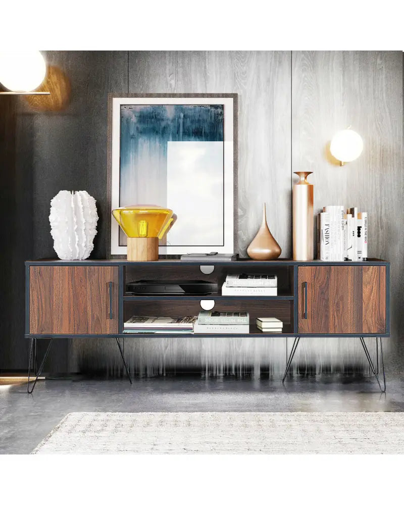 Retro Modern TV Stand with 6 Metal Legs for TVs up to 65 Inch with 2 Cable Holes - Walnut - Entertainment Centers & TV