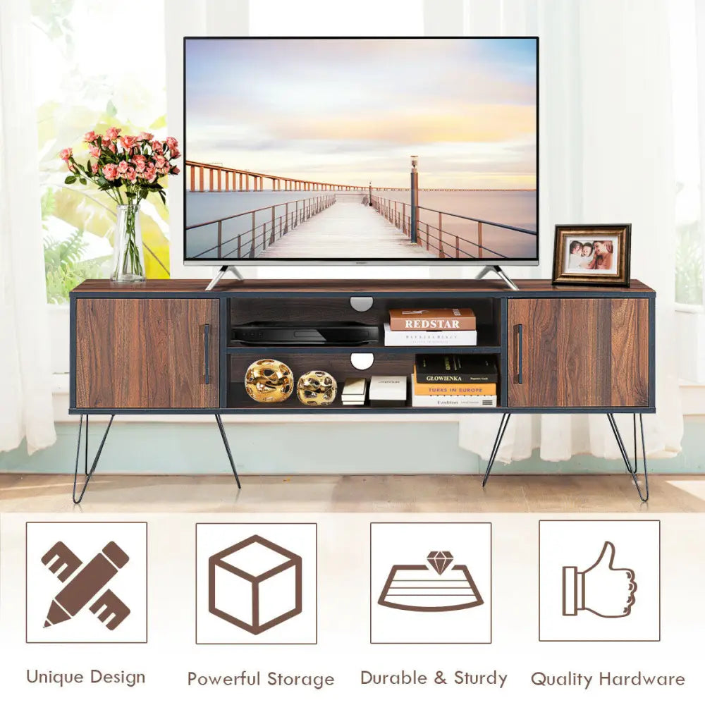 Retro Modern TV Stand with 6 Metal Legs for TVs up to 65 Inch with 2 Cable Holes - Walnut - Entertainment Centers & TV
