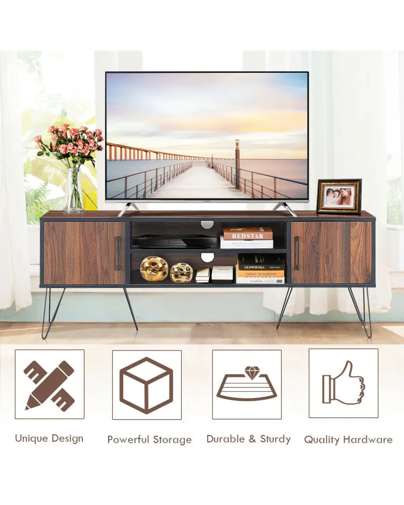 Retro Modern TV Stand with 6 Metal Legs for TVs up to 65 Inch with 2 Cable Holes - Walnut - Entertainment Centers & TV