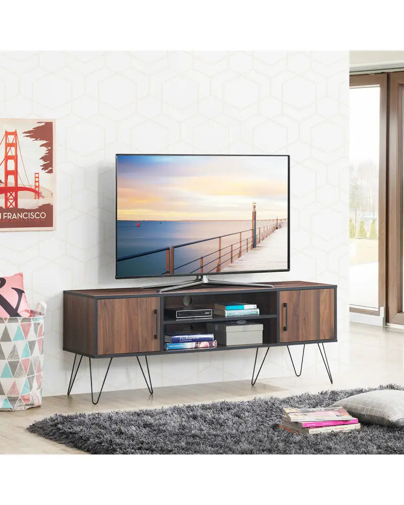 Retro Modern TV Stand with 6 Metal Legs for TVs up to 65 Inch with 2 Cable Holes - Walnut - Entertainment Centers & TV