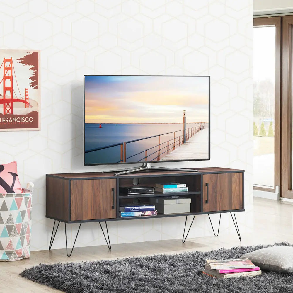 Retro Modern TV Stand with 6 Metal Legs for TVs up to 65 Inch with 2 Cable Holes - Walnut - Entertainment Centers & TV