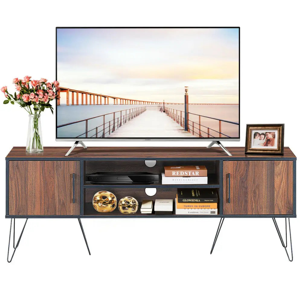 Retro Modern TV Stand with 6 Metal Legs for TVs up to 65 Inch with 2 Cable Holes - Walnut - Entertainment Centers & TV