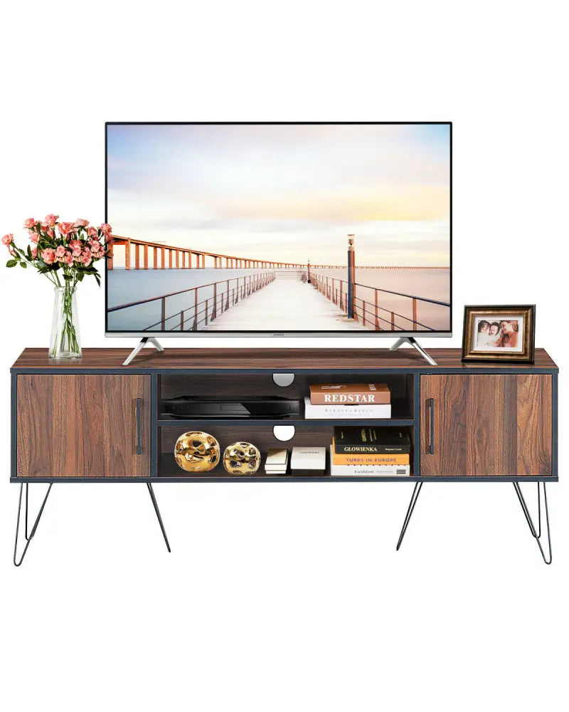 Retro Modern TV Stand with 6 Metal Legs for TVs up to 65 Inch with 2 Cable Holes - Walnut - Entertainment Centers & TV