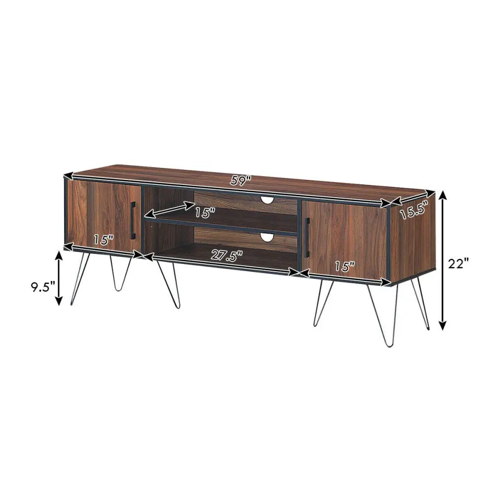 Retro Modern TV Stand with 6 Metal Legs for TVs up to 65 Inch with 2 Cable Holes - Walnut - Entertainment Centers & TV