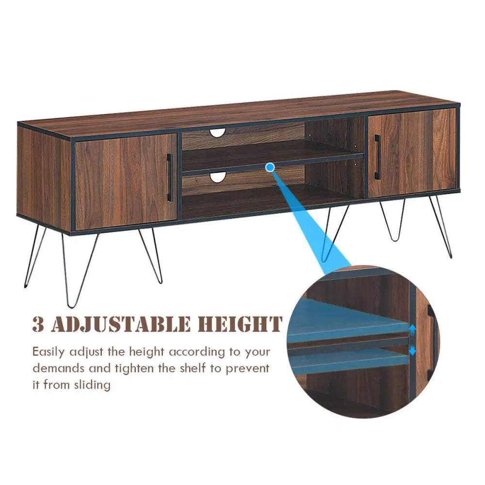 Retro Modern TV Stand with 6 Metal Legs for TVs up to 65 Inch with 2 Cable Holes - Walnut - Entertainment Centers & TV